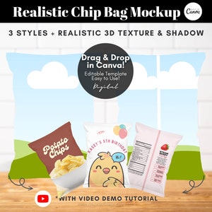 Editable Chip Bag Mockup Template, Drag and Drop Chip Bag Template, Custom Party Favor Mockup, Editable Canva Templates, Digital Download