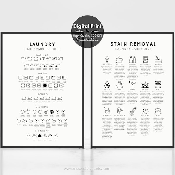 Laundry Room Care Symbols Guide, Fabric Stain Removal Guide, Laundry Room Decor, Laundry Symbols - Printable Wall Art, Digital Download