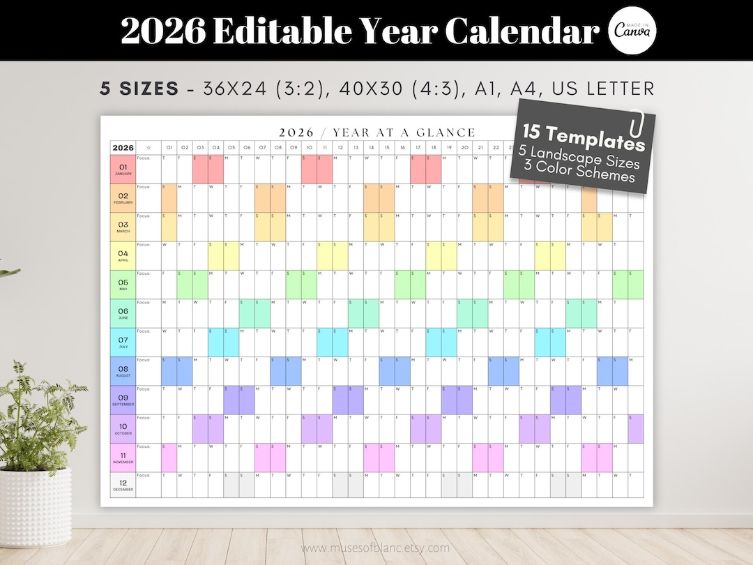 Editable 2026 Calendar Printable Year Planner, Year at a Glance 2026