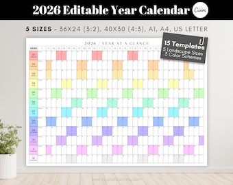May include: A colorful 2026 editable year calendar with the text "2026 Editable Year Calendar" and "Year at a Glance". It features 15 templates, 5 landscape sizes, and 3 color schemes. Available in 5 sizes, including 36x24 inches.