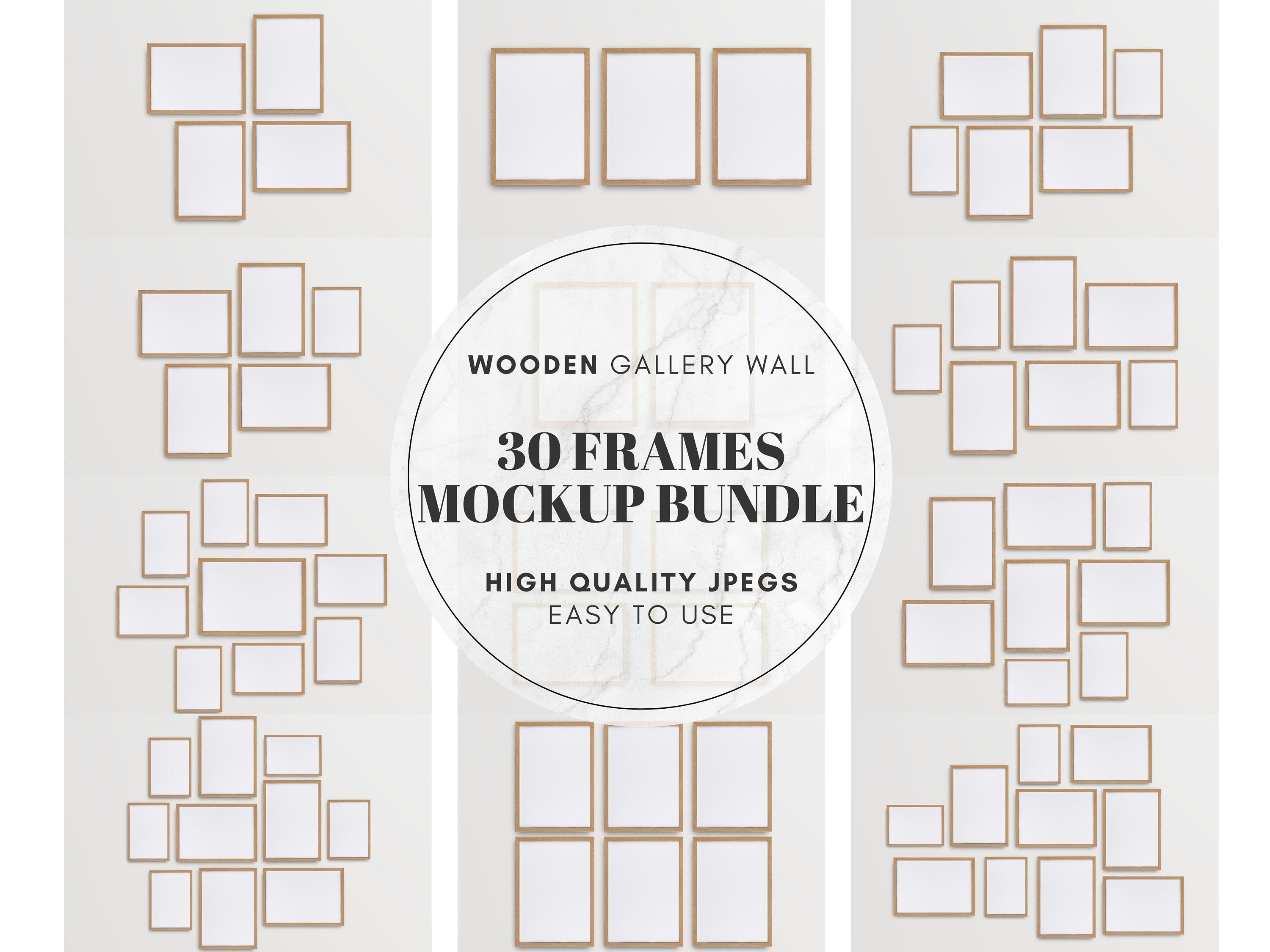 30 Wooden Frames Mockup Bundle, Gallery Wall Frame Art Print Mockup, Blank Mockup Template, Wall Art Poster Mockup - JPG Digital Download