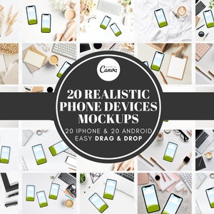 20 Realistic Phone Devices Mockups, Smart Phone Mockup, Mobile Mockup, Editable Canva Template, Drag and Drop Template, Etsy Listing Mockups