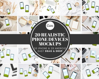 20 Realistic Phone Devices Mockups, Smart Phone Mockup, Mobile Mockup, Editable Canva Template, Drag and Drop Template, Etsy Listing Mockups