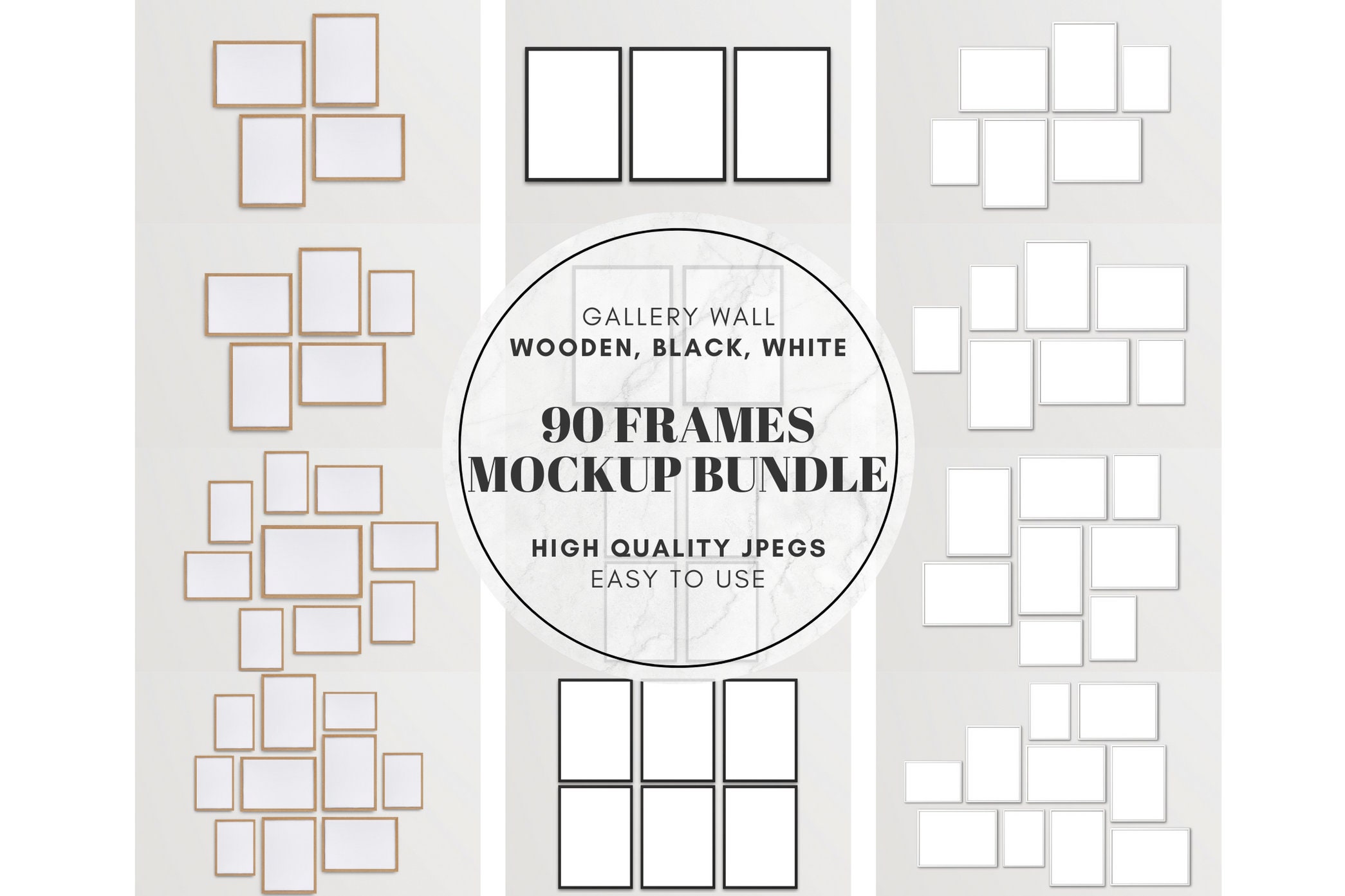 90 Frames Mockup Bundle, Black Frames, White Frames, Wooden Gallery Wall Frame Art Print Mockup, Blank Mockup Template Wall Art Mockup - JPG