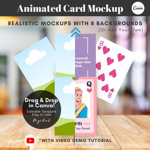 Animated Playing Cards Mockup, Custom Mockup for Printable Cards, Affirmation Cards, Quote Card, Poker Cards, Editable Canva Template Mockup