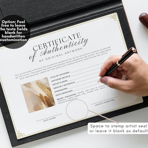 Editable Certificate of Authenticity for Artwork Template, Printable Authenticity Certificate, Artist Certificate COA Artist Documents, Editable Canva Templates - Digital Download Artist Certificate Artwork Authenticity Gold Certificate DIY Custom