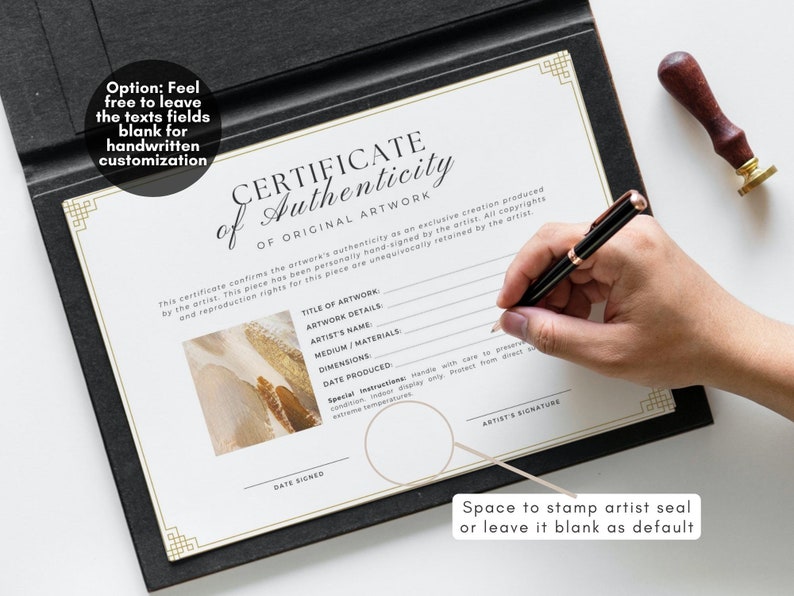 Editable Certificate of Authenticity for Artwork Template, Printable Authenticity Certificate, Artist Certificate COA Artist Documents, Editable Canva Templates - Digital Download Artist Certificate Artwork Authenticity Gold Certificate DIY Custom