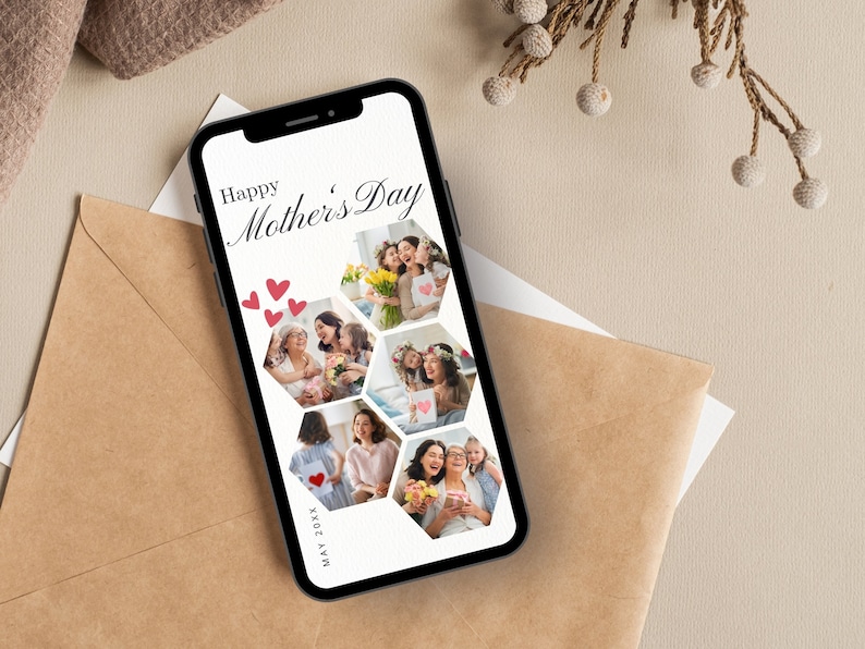 Editable Digital Mothers Day Cards Template, Animated Happy Mothers Day E-Card Template, Photo Collage Mothers Day Cards, Custom Mothers Day Greeting Cards Templates, Personalized Gift for Mom, Mobile Mothers Day Card Animation Video with Music GIF