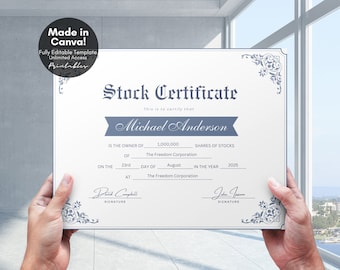 Editable Certificate of Stock Template, Printable Stock Certificate Corporate Common Shares Stock Ownership Gift for Employees, Canva