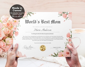 Editable World’s Best Mom Certificate Template, Custom Happy Mother’s Day Gift DIY Gift for Mom, Editable Canva Template - Digital Download