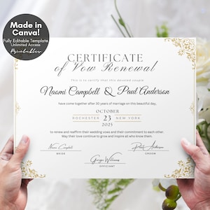 Editable Certificate of Vow Renewal Template, Printable Wedding Vow Renewal Certificate, Wedding Anniversary Gift Marriage Keepsake, Canva