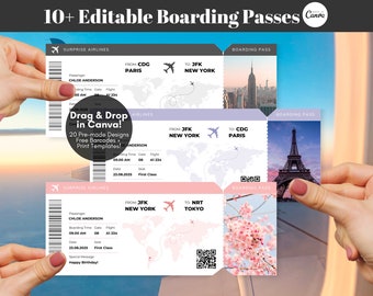 Editable Boarding Pass Template, Custom Boarding Pass Gift, Printable Airline Ticket DIY Boarding Ticket Invitation, Surprise Trip Ticket