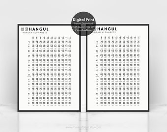 2 Hangul Chart Korean Learning Language Wall Print, Learn Korean Hangul Consonants and Vowels - Korean Printable Wall Art, Digital Download