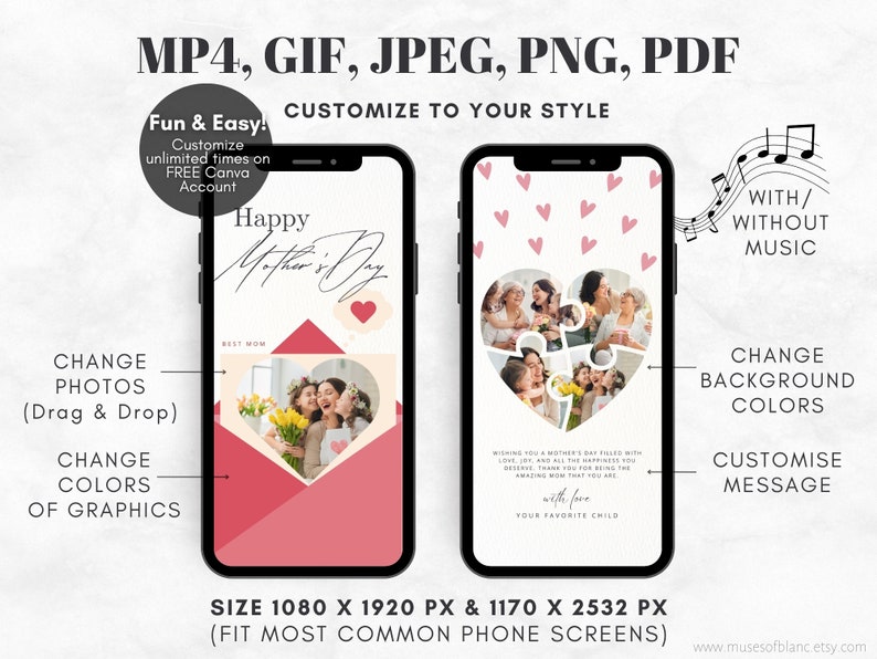 Editable Digital Mothers Day Cards Template, Animated Happy Mothers Day E-Card Template, Photo Collage Mothers Day Cards, Custom Mothers Day Greeting Cards Templates, Personalized Gift for Mom, Mobile Mothers Day Card Animation Video with Music GIF