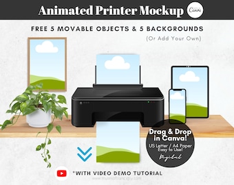 Animated Printer Mockup, Custom Mockup for Printable Sheet Paper Mockup, US Letter A4 Mockup, Printable Products Mockup, Custom Phone Mockup