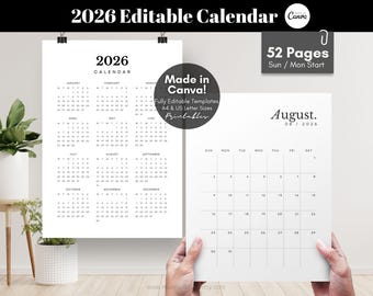 2026 Editable Calendar Template, 2026 Monthly Calendar, 2026 Yearly Calendar Printable Wall Calendar, Digital Planner Custom Calendar DIY