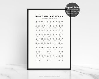 Japanese Kana Chart, Hiragana Katakana Wall Print, Learn Japanese Particles, Minimalist Wall Print - Printable Wall Art, Digital Download