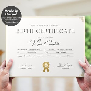 Editable Puppy Birth Certificate Template, Pet Birth Cert, Dog Breeder, Adoption Certificate, Editable Canva Template - Digital Download