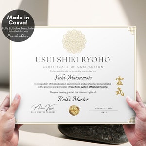 Editable Reiki Certificate of Completion, Usui Shiki Ryoho Reiki Attunement Certification, Printable Certificate - Editable Canva Template