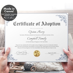 Editable Certificate of Adoption to Our Family, Printable Child Adoption Certificate, New Family Adoption Gift Custom Certificate Template