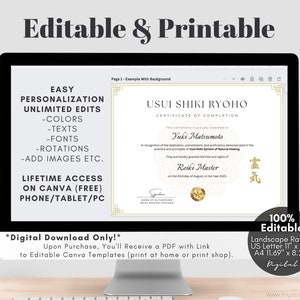 Editable Reiki Certificate of Completion, Usui Shiki Ryoho Reiki Attunement Certification, Printable Certificate of Reiki Healing, Custom Certificate Template, Editable Canva Templates - Digital Download Reiki Master Reiki First Degree Reiki Second