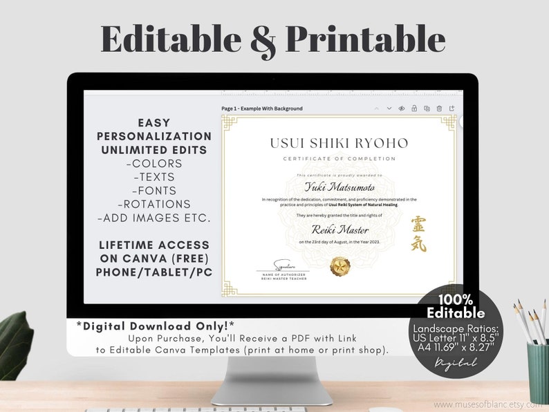 Editable Reiki Certificate of Completion, Usui Shiki Ryoho Reiki Attunement Certification, Printable Certificate of Reiki Healing, Custom Certificate Template, Editable Canva Templates - Digital Download Reiki Master Reiki First Degree Reiki Second