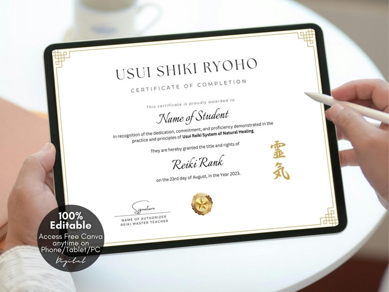 Editable Reiki Certificate of Completion, Usui Shiki Ryoho Reiki Attunement Certification, Printable Certificate of Reiki Healing, Custom Certificate Template, Editable Canva Templates - Digital Download Reiki Master Reiki First Degree Reiki Second