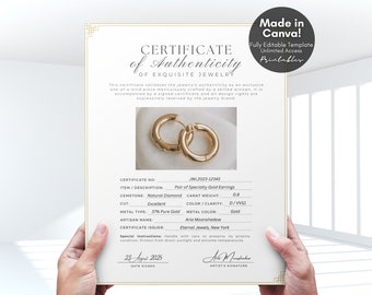 Editable Certificate of Authenticity for Jewelry Template, Printable Authenticity Certificate for Gemstone COA for Jewellery, Canva Template