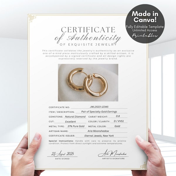 Editable Certificate of Authenticity for Jewelry Template, Printable Authenticity Certificate for Gemstone COA for Jewellery, Canva Template