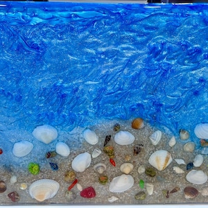 Peut inclure: Une œuvre d'art en résine rectangulaire représentant une scène de plage. La moitié supérieure présente des nuances de bleu tourbillonnantes, ressemblant à des vagues océaniques. La moitié inférieure montre une plage de sable avec divers coquillages et petites pierres.