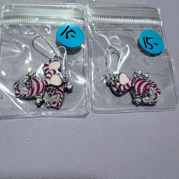 handmade metal dangle Cheshire Cat earrings