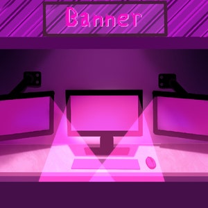 Twitch Banner and Scene for Streaming. Pink Moody Gaming Setup. Scenes include Starting Soon, Be Right Back, Stream Offline, Stream Ending