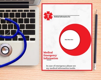 Información de emergencia médica imprimible Información médica personal para viajes Hoja de alerta médica de primeros auxilios Papel de identificación de emergencia Campamento