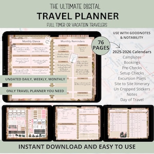 May include: A digital travel planner with 76 pages, featuring a monthly glance, monthly reminders, campgrounds, site to site itinerary, essential checks, and secondary checks. The planner is undated and can be used for daily, weekly, or monthly planning. It is designed for full-time or vacation travelers and can be used with Goodnotes or Notability.