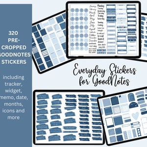 May include: A set of 320 pre-cropped GoodNotes stickers in blue and white. The stickers include trackers, widgets, memos, dates, months, icons, and more. The text "Everyday Stickers for GoodNotes" is displayed on the image.