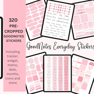 Puede incluir: Un planificador digital con 320 pegatinas GoodNotes precortadas. Las pegatinas son rosas y blancas e incluyen rastreadores, widgets, notas, fechas, meses, iconos y más. El texto "GoodNotes Everyday Stickers" se muestra en la imagen.