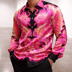 dress shirt semi formal baroque attire for men GOLD Silver Print XXL / GOLD / COTTON making look. Baroque Mens Shirt - Luxury