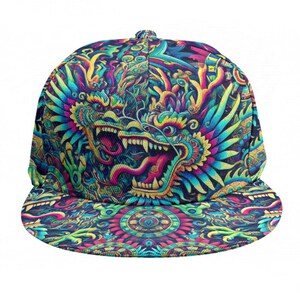 May include: A vibrant snapback cap with a detailed dragon design. The cap's crown and peak are covered in a colourful pattern of blues, greens, yellows, and pinks, creating a psychedelic effect. The dragon's face is prominently displayed on the front.