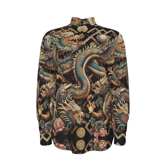 dragon print dress shirt Cotton Dragon Shirt, Mens Long Sleeve Designer Dress Shirt, Button Up, Menswear Streetwear, Club, Party, Formal, Gift
