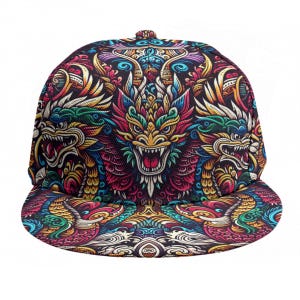 May include: A flat-brimmed baseball cap featuring a vibrant, detailed dragon design. The cap showcases a repeating pattern of colorful dragons in shades of red, green, blue, and yellow against a dark background. The cap's design is symmetrical and eye-catching.