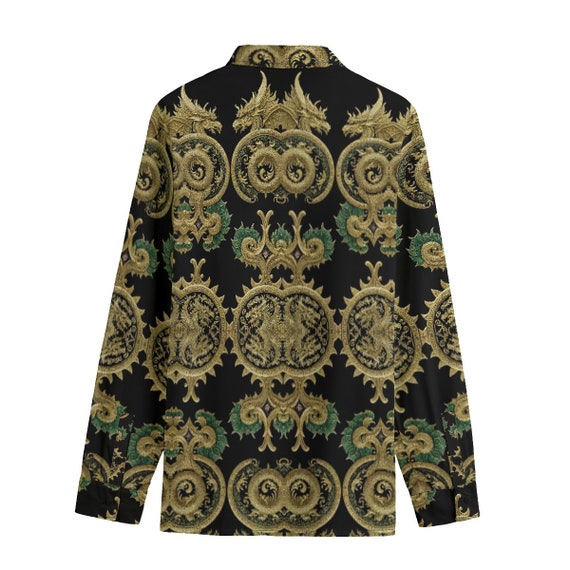 Baroque Dragon Cotton Dress Shirt Long Sleeve Button Up Down Men's Chinese Gift Big Tall Luxury Couture Asian Medieval Rococo Gold Black