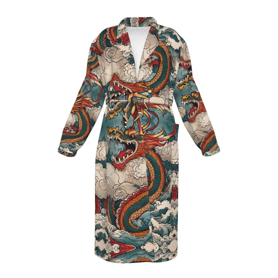 Dragon Robe Lounge Hooded Bathrobe Long Robe Twin Dragons Asian Chinese ...