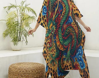 Japanese Dragon Print Maxi Dress: V-neck Boho Summer Outfit - Etsy