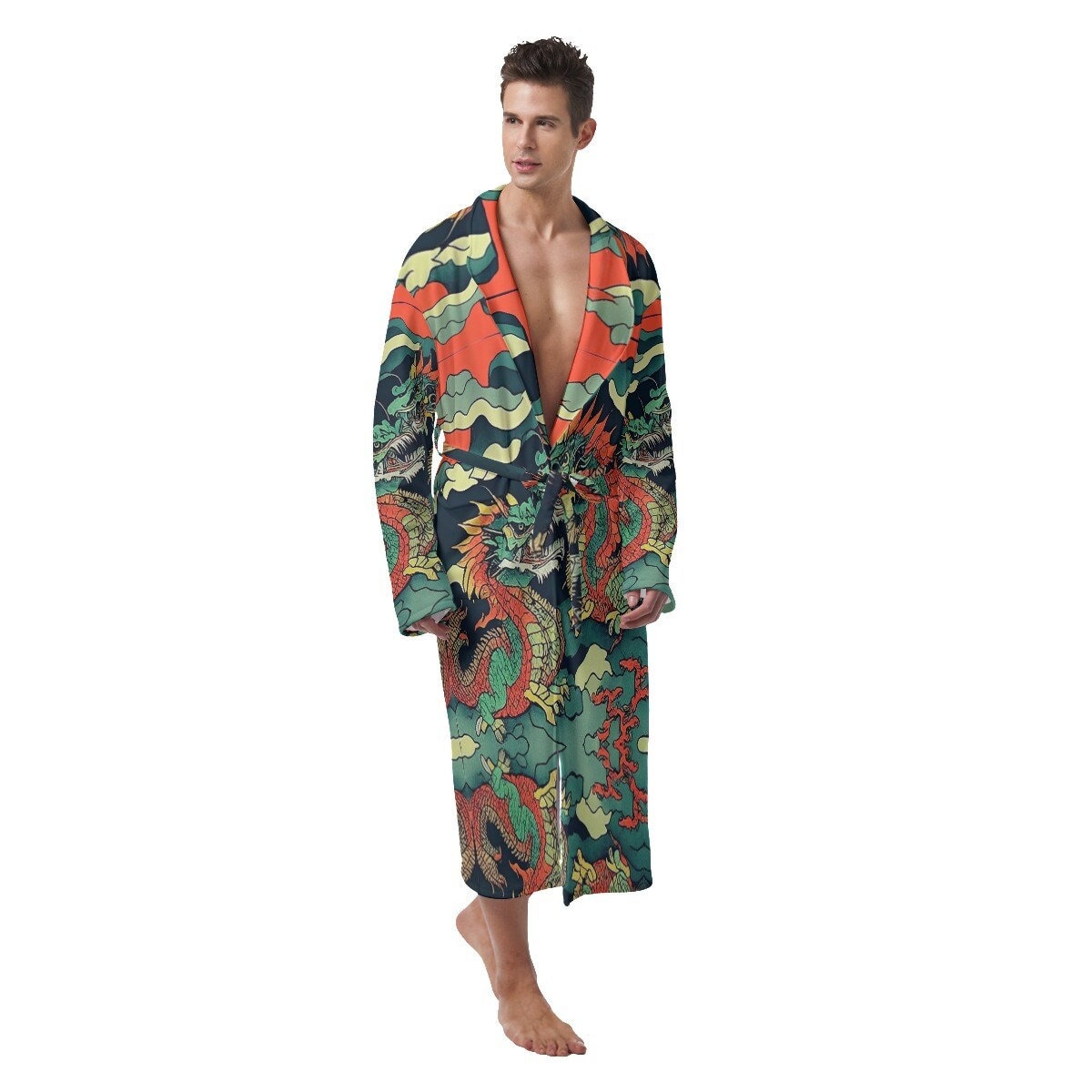 Dragon Theme Robe Dragon Robe Lounge Hooded Bathrobe Long Robe Twin Dragons Asian Chinese ...