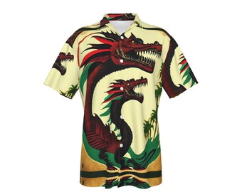 Dragon  Hawaiian Shirt Mens S/M/L/XL/2XL/3XL/4XL/5XL/6XL/7XL/8XL Twin Dragons Retro Vintage Polynesian Palm Trees Terra Cotta Sage Green