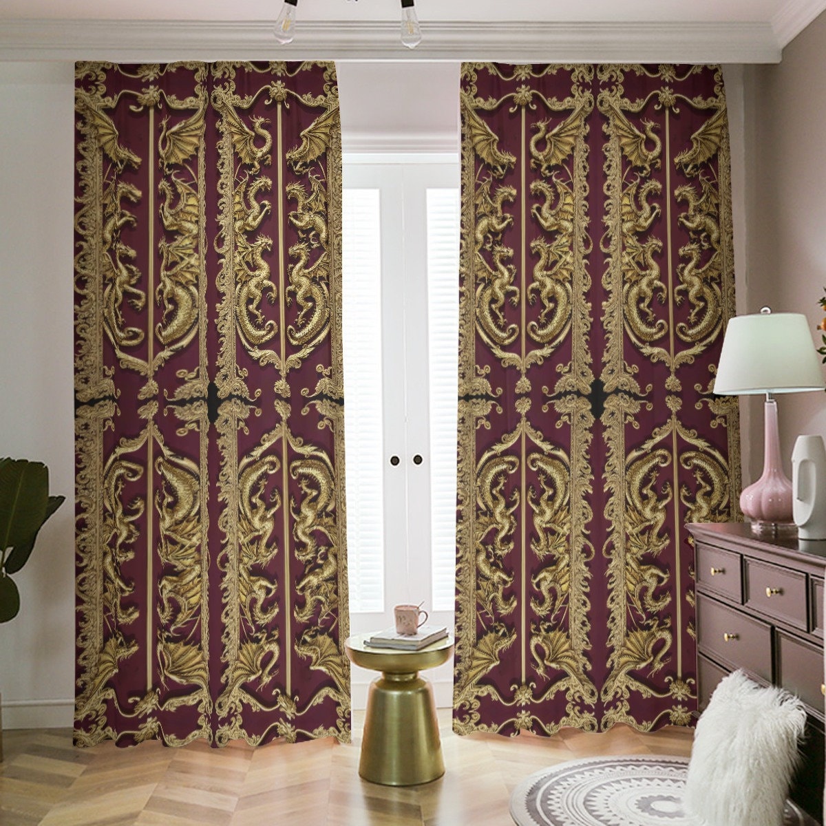 Tende oscuranti oro rosso medievale drago orientale asiatico cinese dojo stanza oscurante soggiorno man cave tenda oscurante tende barocco