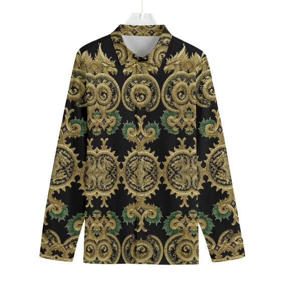 Baroque Dragon Cotton Dress Shirt Long Sleeve Button Up Down Men's Chinese Gift Big Tall Luxury Couture Asian Medieval Rococo Gold Black