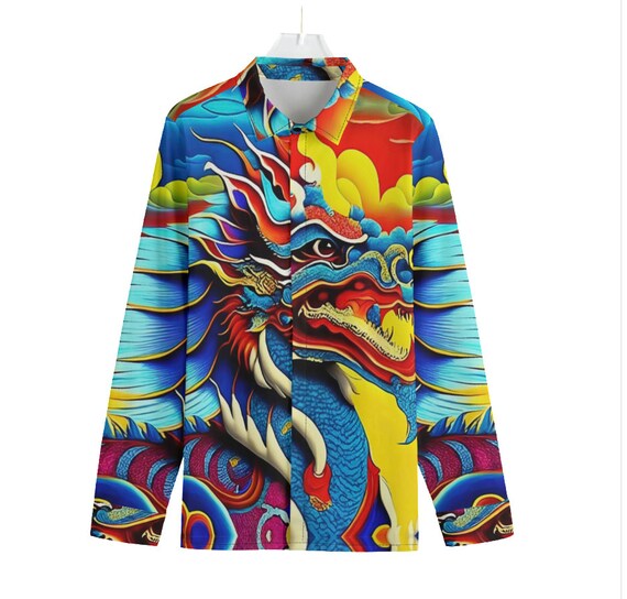 graffiti dress shirt Dragon Graffiti Cotton Dress Shirt Long Sleeve Colorful Button Up Down Men's Chinese Gift Big Tall Luxury Couture Asian Japanese Exotic