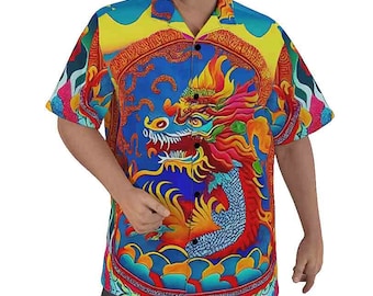 Dragon Cotton Hawaiian Shirt Dress Shirt Short Sleeve Dragons Button Up Down Chinese Gift Big Tall Japanese Pop Art Colorful Graffiti Comic