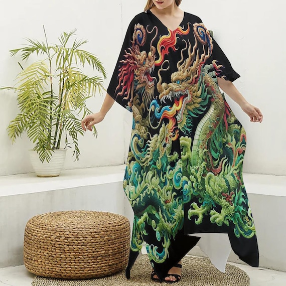 Green Black Dragon Kaftan Caftan Long Maxi Dress Hostess Hippie Festival  Asian Japanese Bohemian Exotic Cocktail New Agetunic Rave Outfit - Etsy  Israel